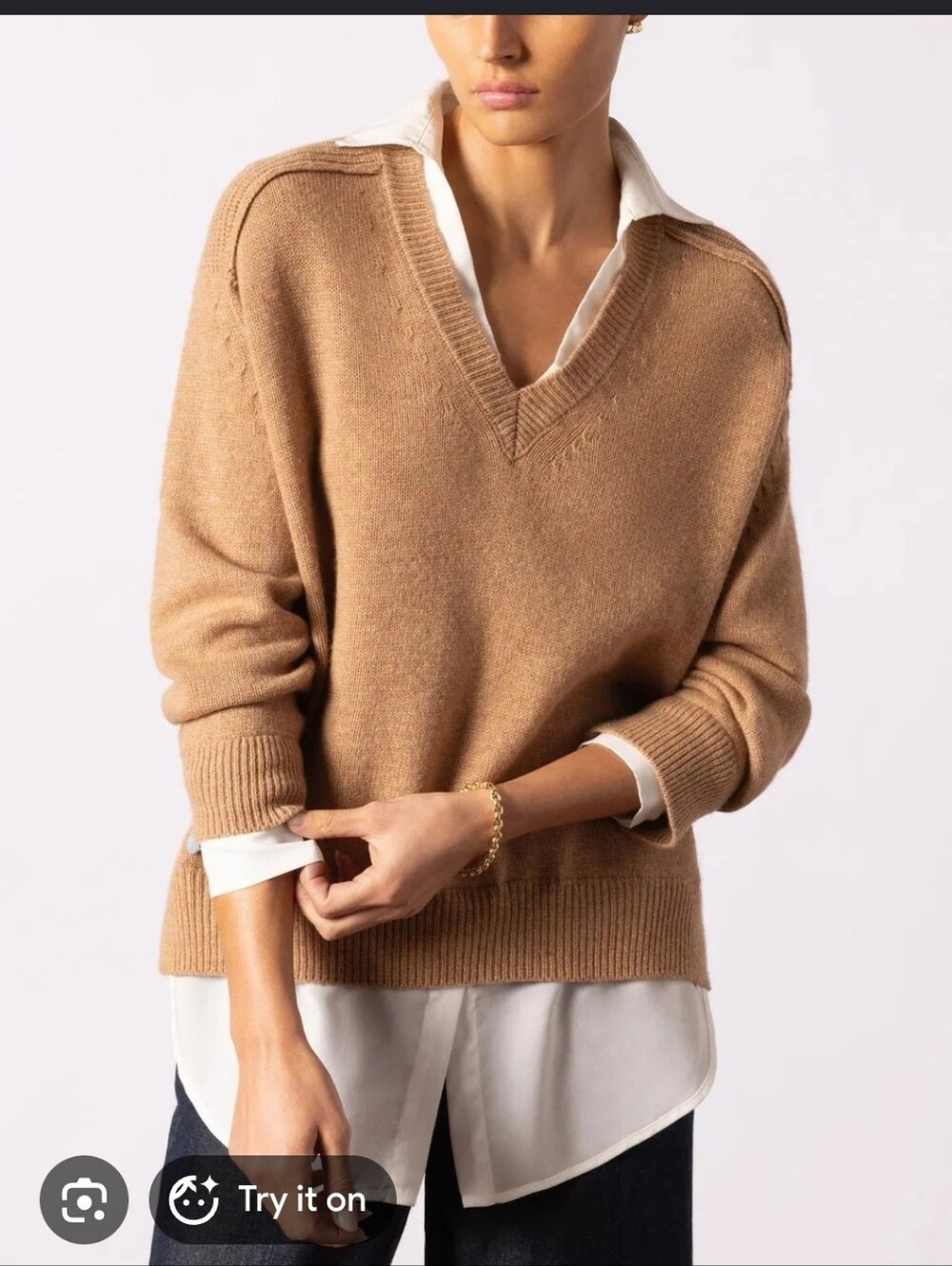 Brochu Walker Camel V-Neck Layered Knit Sweater, Cashmere and Wool P2P 22"